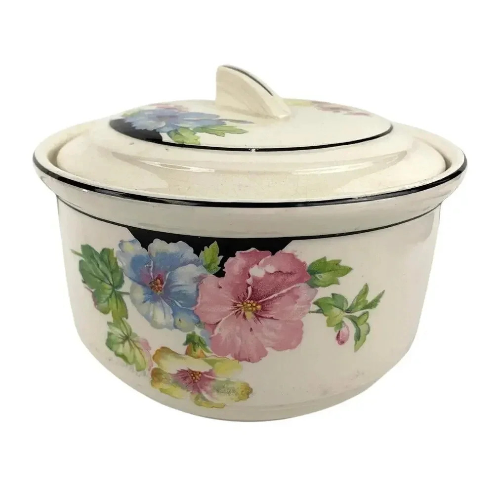 VTG Floral Casserole‎ Dish with Lid Harker Cookingware Hot Oven 1930s